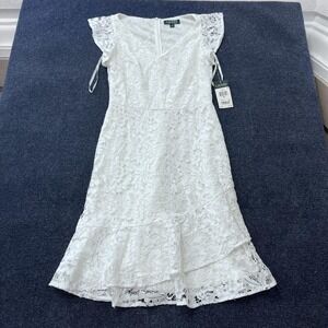 Lauren Ralph Lauren Dress Womens 0 White Lace Flutter Sleeve V Neck Ruffle Hem